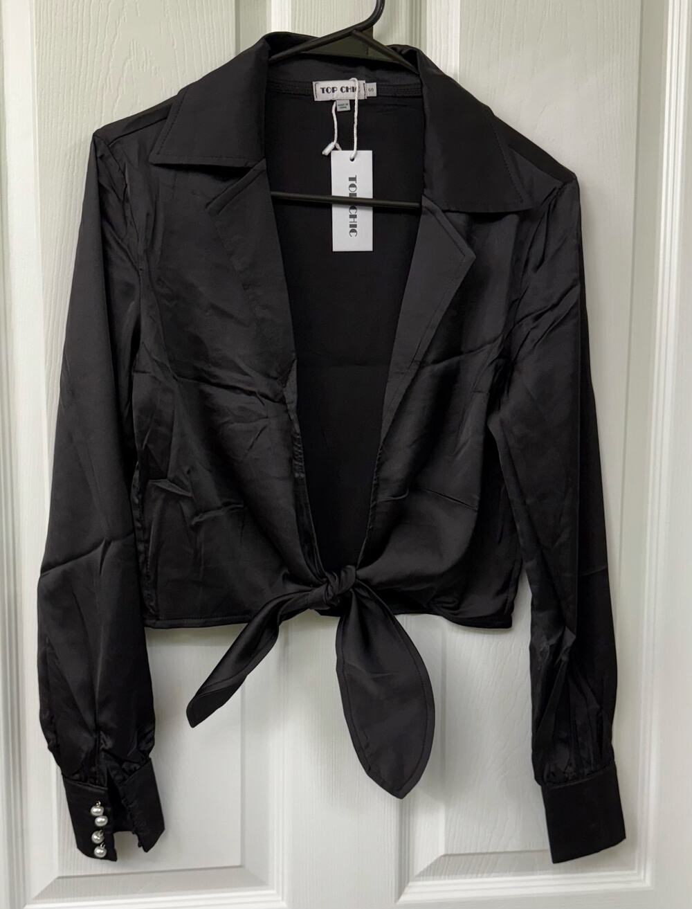 Top Chic black tie waist satin look pearl buttons long sleeve NWT small $68